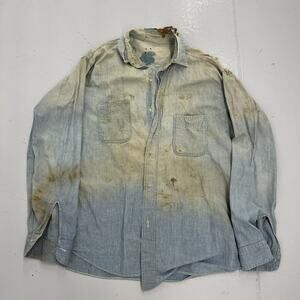 Vintage 40s Blue Chambray Cotton Distressed Workwear Shirt